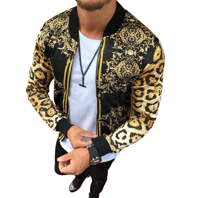 Men New Print Slim-Fitting Leopard Print Crew-Neck Casual Jacket Coat Male Cross-Border European And American Men's Autumn chicpolly
