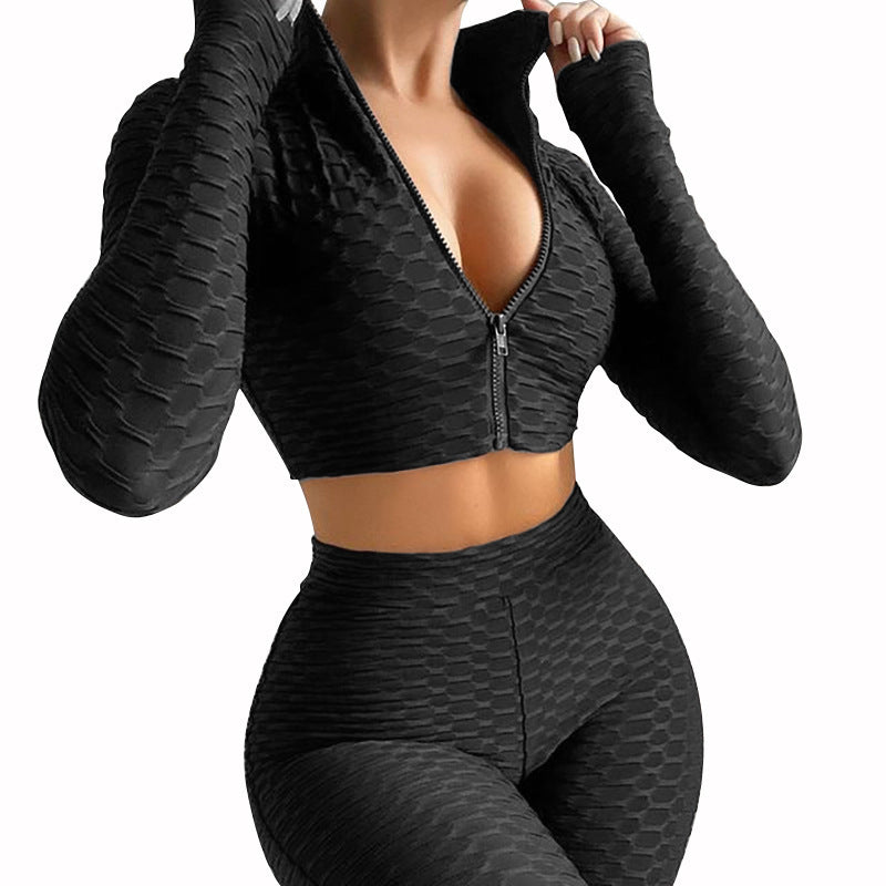 European And American Women's Yoga Clothes Fitness Solid Color Long-sleeved Leisure Sports Suit Women chicpolly
