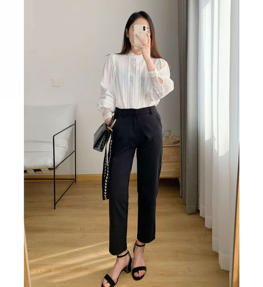 Mid-High-Waisted, Straight-Leg, Slim-Leg, Nine-Point Casual Pants chicpolly