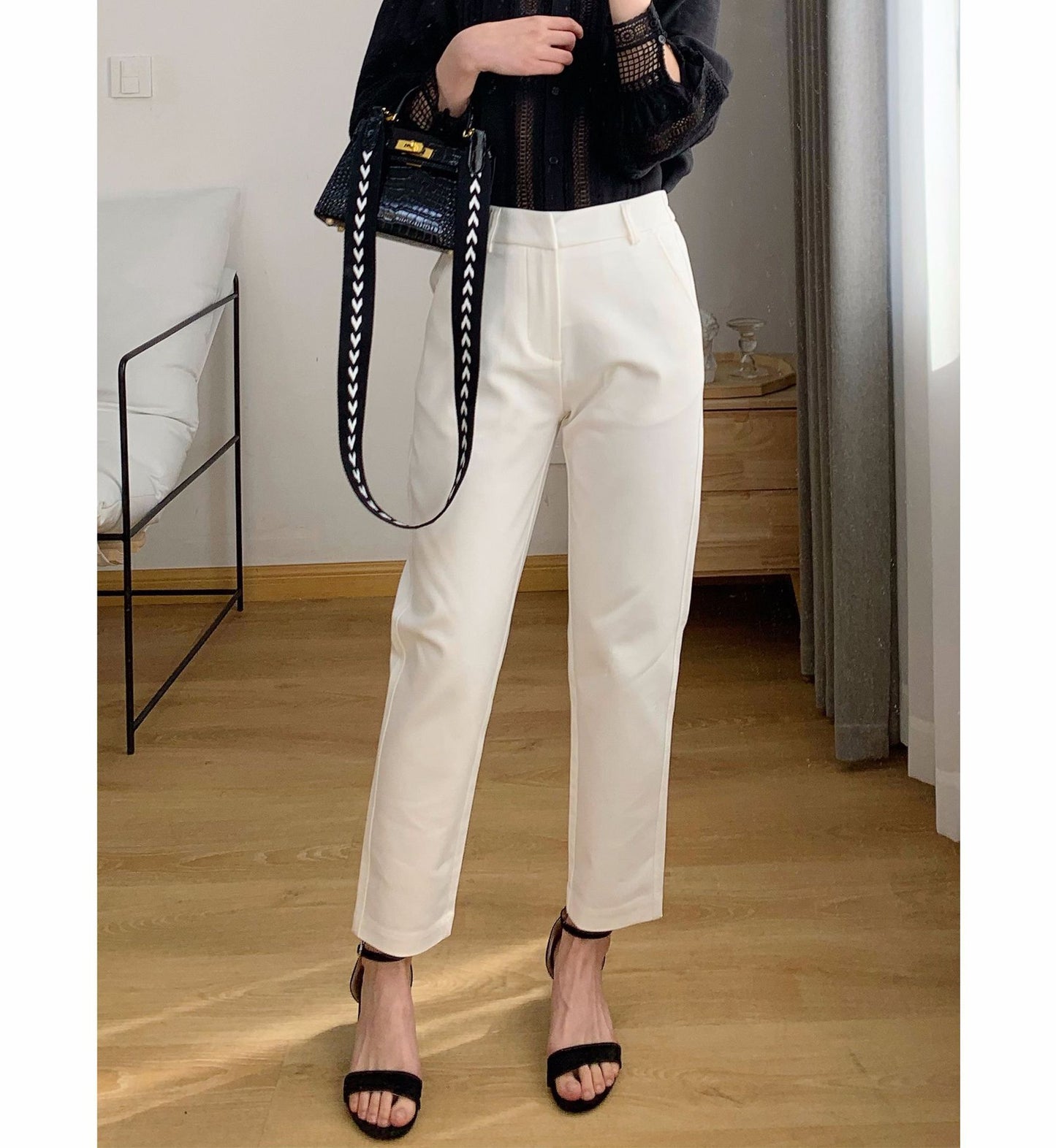 Mid-High-Waisted, Straight-Leg, Slim-Leg, Nine-Point Casual Pants chicpolly
