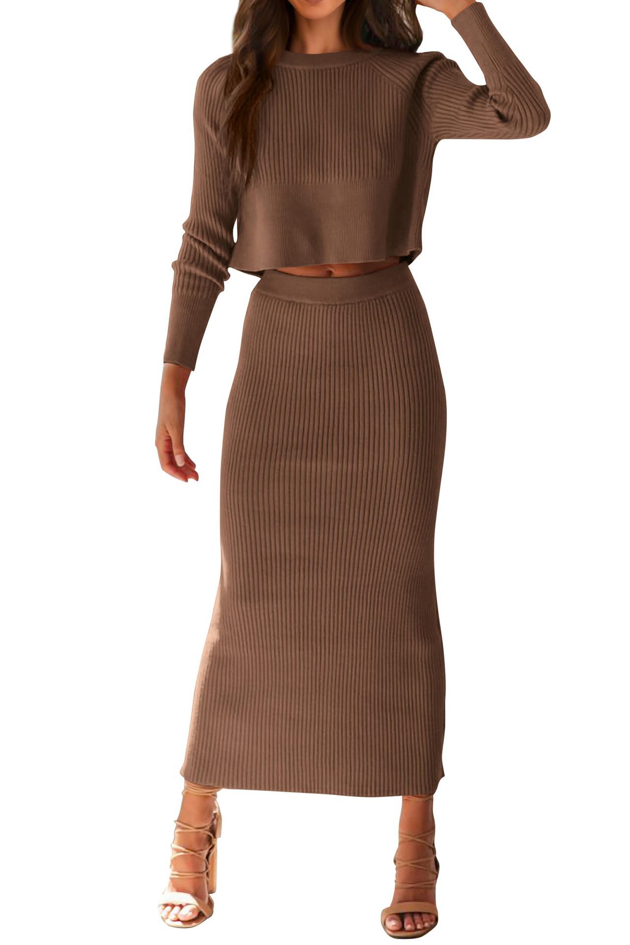 Bedford Cord Sweater Long Sleeve Narrow Tight Skirt Suit chicpolly