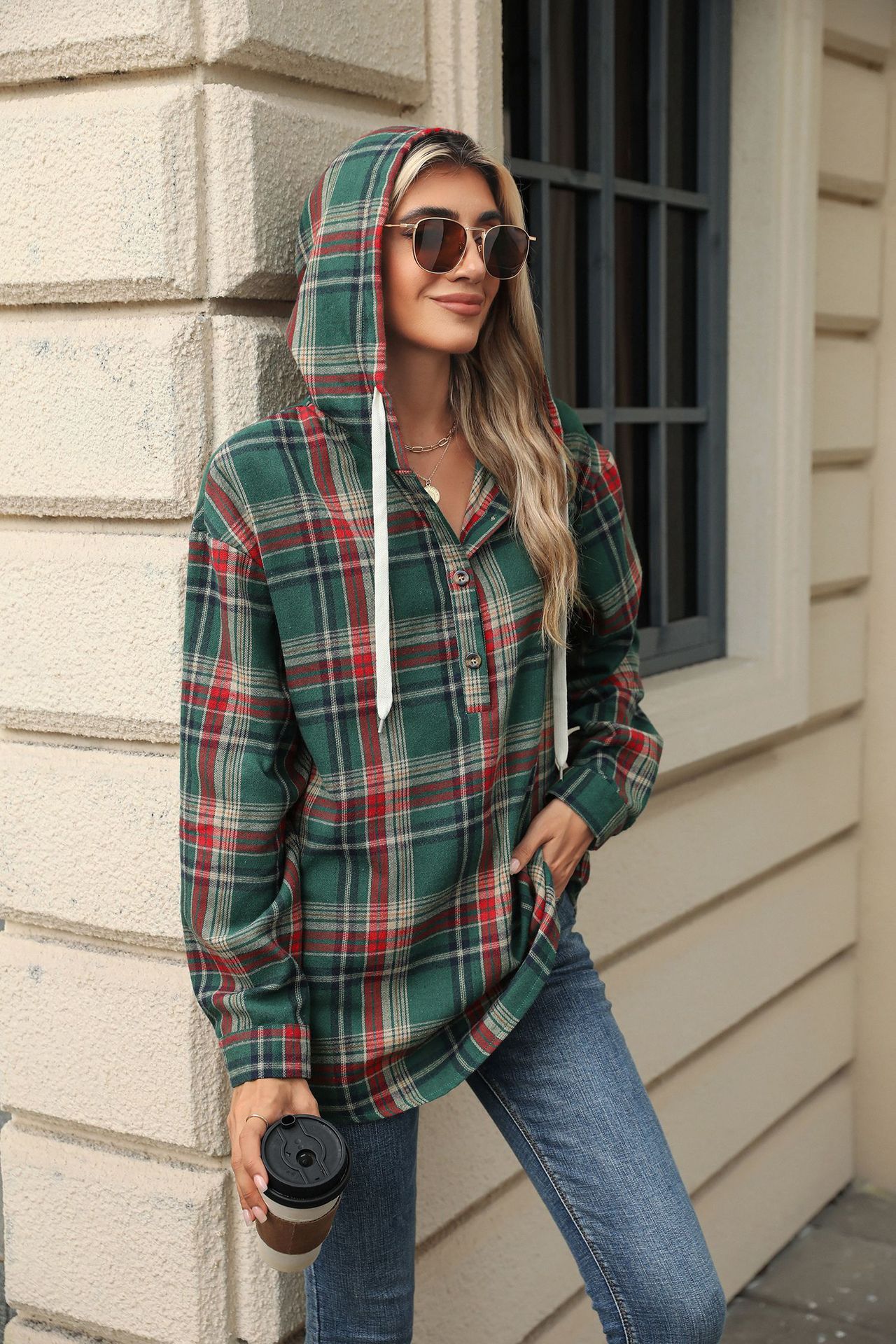Fashion Plaid Hooded Sweatshirt With Button Loose Long Sleeve Hoodies chicpolly