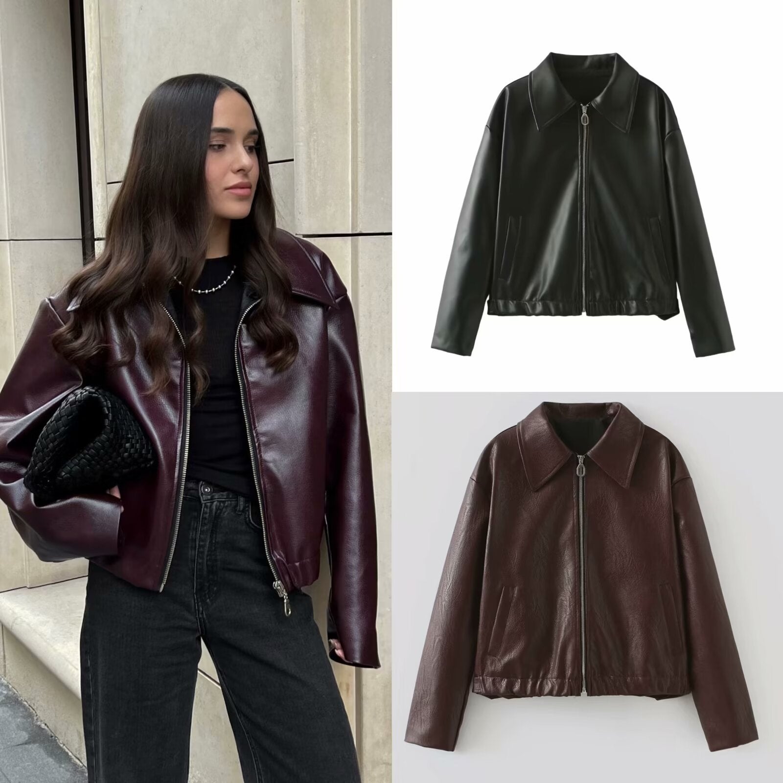 Solid Color Lapel Zipper Jacket Fashion Casual Long Sleeve Leather Coat Tops Women Clothing chicpolly