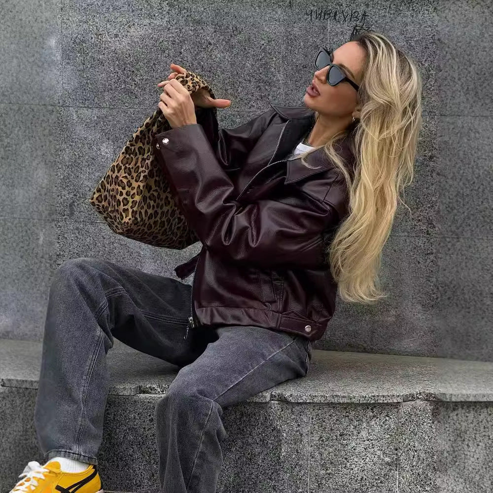 Solid Color Lapel Zipper Jacket Fashion Casual Long Sleeve Leather Coat Tops Women Clothing chicpolly