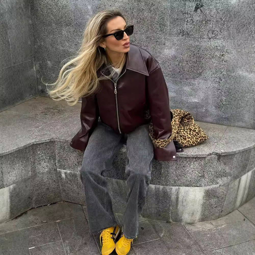 Solid Color Lapel Zipper Jacket Fashion Casual Long Sleeve Leather Coat Tops Women Clothing chicpolly