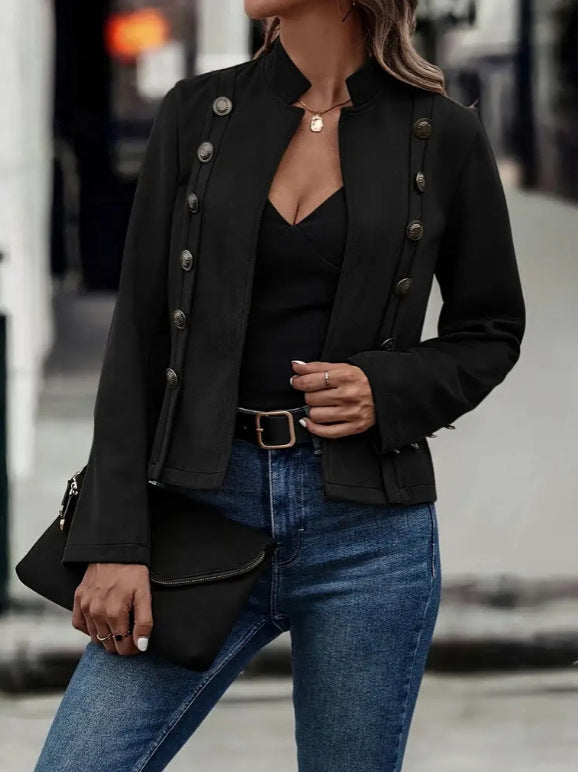 Solid Short Jacket Double Breasted Decorative  Retro Suede Long Sleeve Outwear Tops Coat chicpolly