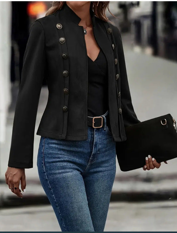 Solid Short Jacket Double Breasted Decorative  Retro Suede Long Sleeve Outwear Tops Coat chicpolly