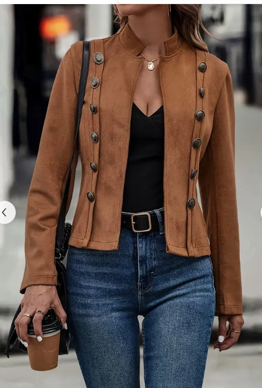Solid Short Jacket Double Breasted Decorative  Retro Suede Long Sleeve Outwear Tops Coat chicpolly