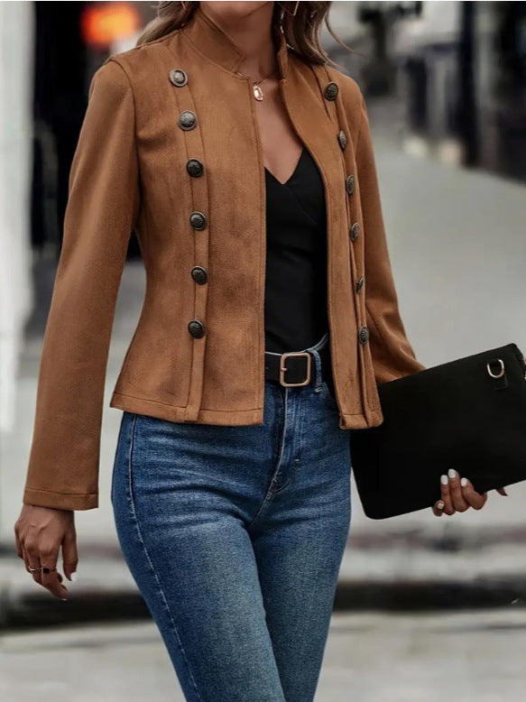 Solid Short Jacket Double Breasted Decorative  Retro Suede Long Sleeve Outwear Tops Coat chicpolly