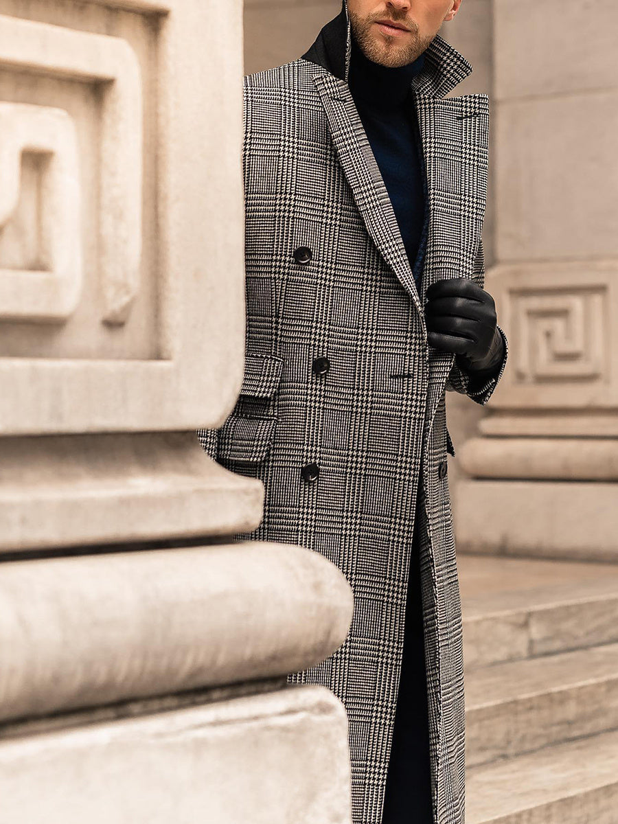 Full Wool Suit Collar Medium Length Double Breasted Checked Overcoat chicpolly