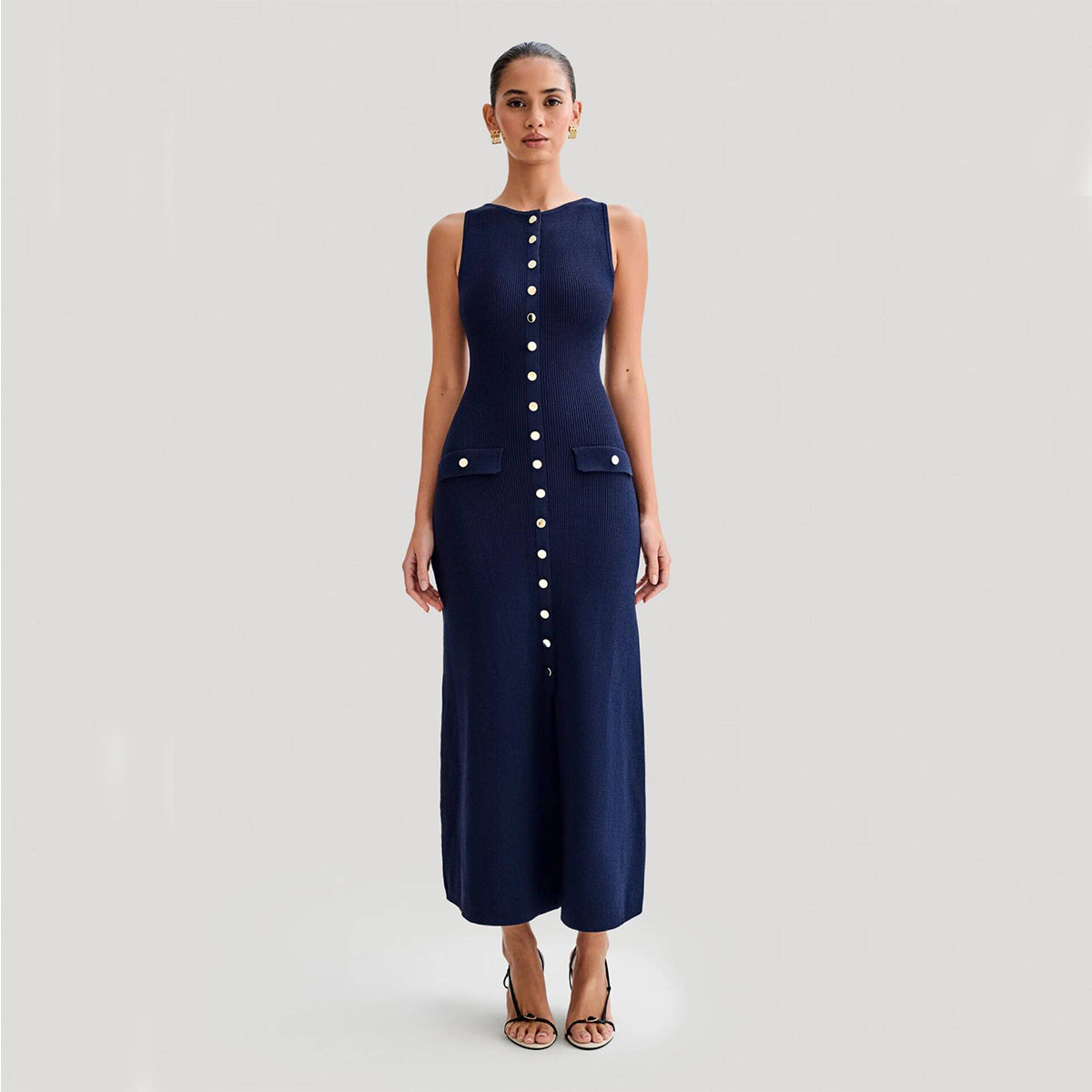 Elegant Knitted Sleeveless Dress With Single Breast Fashion Slim Round Neck Long Dresses Womens Clothing chicpolly