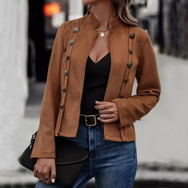 Solid Short Jacket Double Breasted Decorative  Retro Suede Long Sleeve Outwear Tops Coat chicpolly