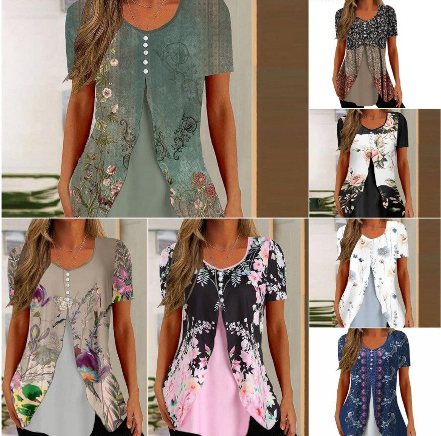 Fashion Printed Casual Short Sleeve Fake Two-piece T-shirts Women chicpolly