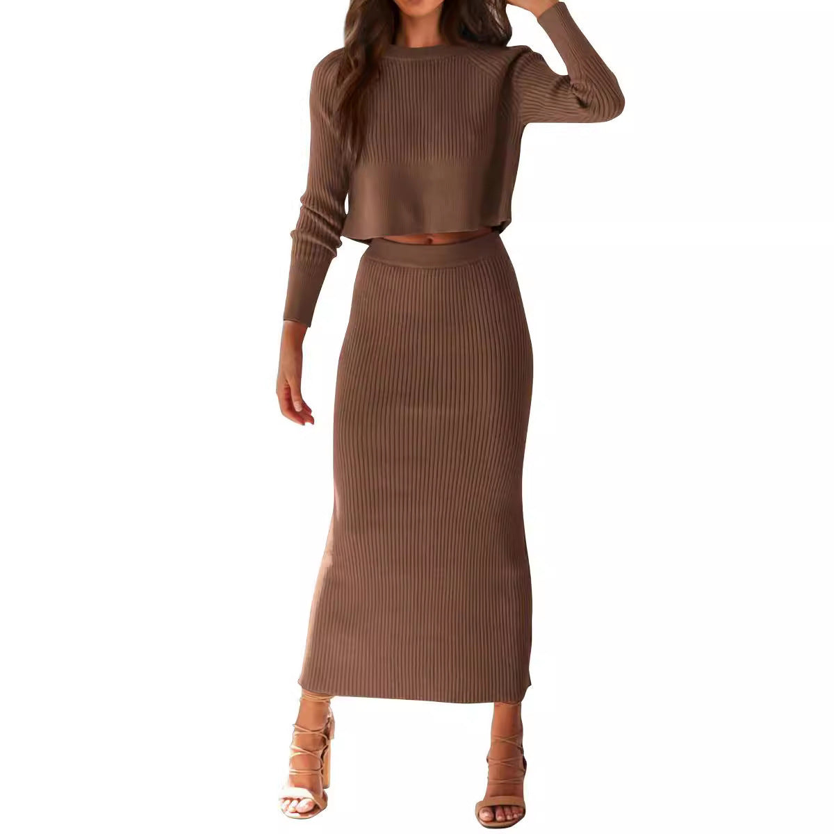 Bedford Cord Sweater Long Sleeve Narrow Tight Skirt Suit chicpolly