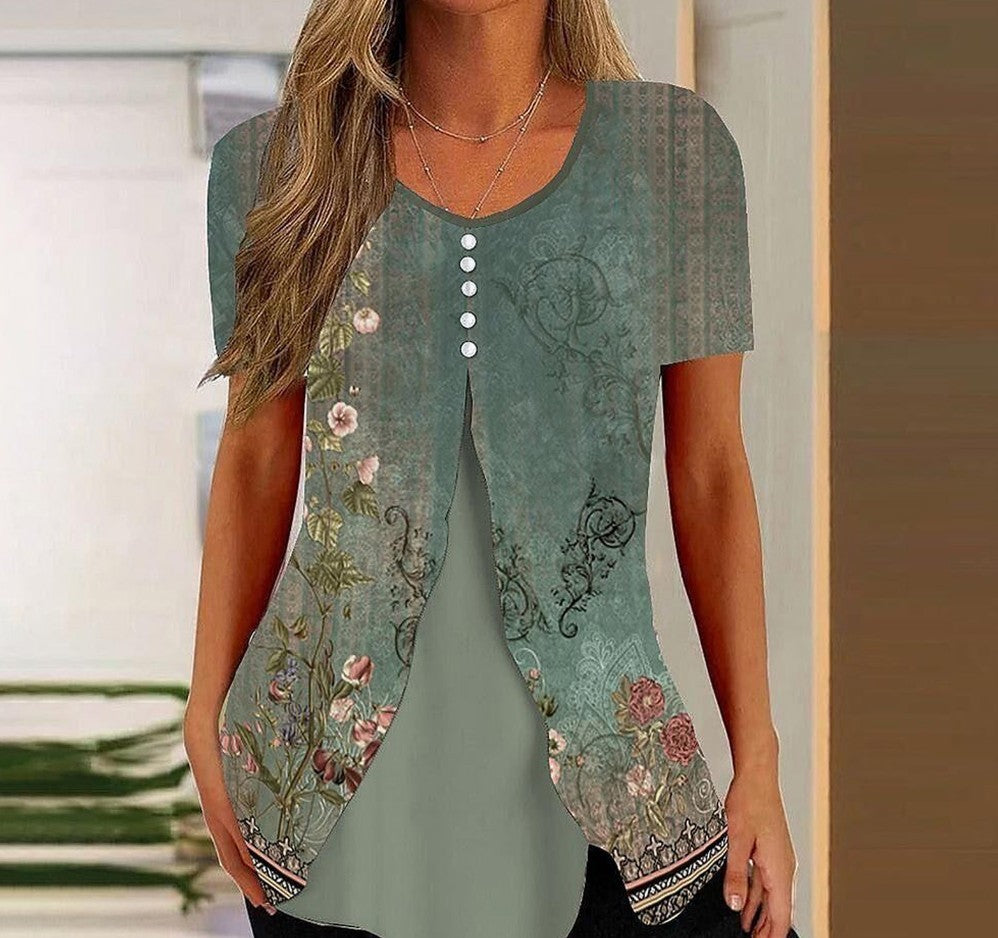 Fashion Printed Casual Short Sleeve Fake Two-piece T-shirts Women chicpolly