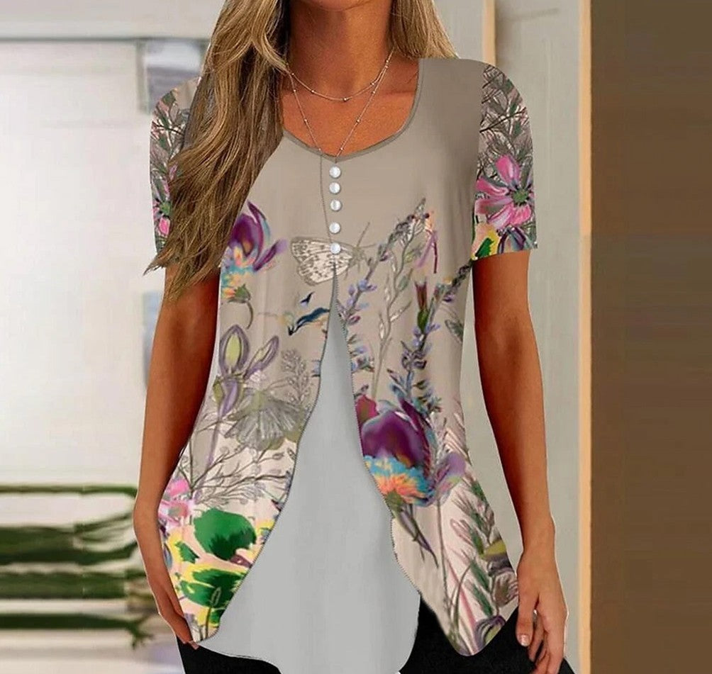 Fashion Printed Casual Short Sleeve Fake Two-piece T-shirts Women chicpolly