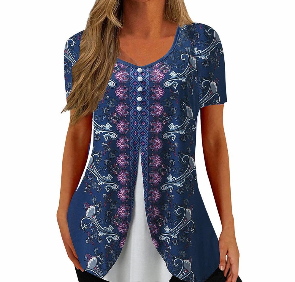 Fashion Printed Casual Short Sleeve Fake Two-piece T-shirts Women chicpolly
