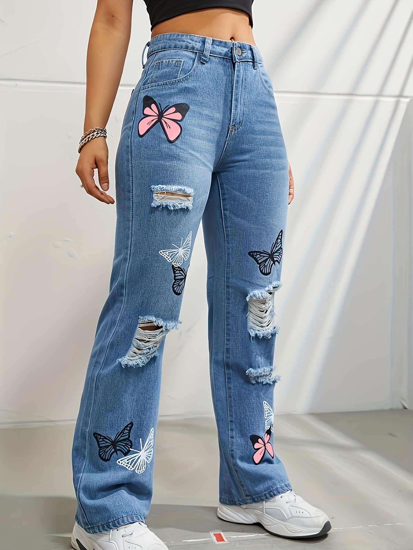 High Waisted Straight Leg Jeans For Women Trendy Butterfly Print Ripped Distressed Denim Pants chicpolly