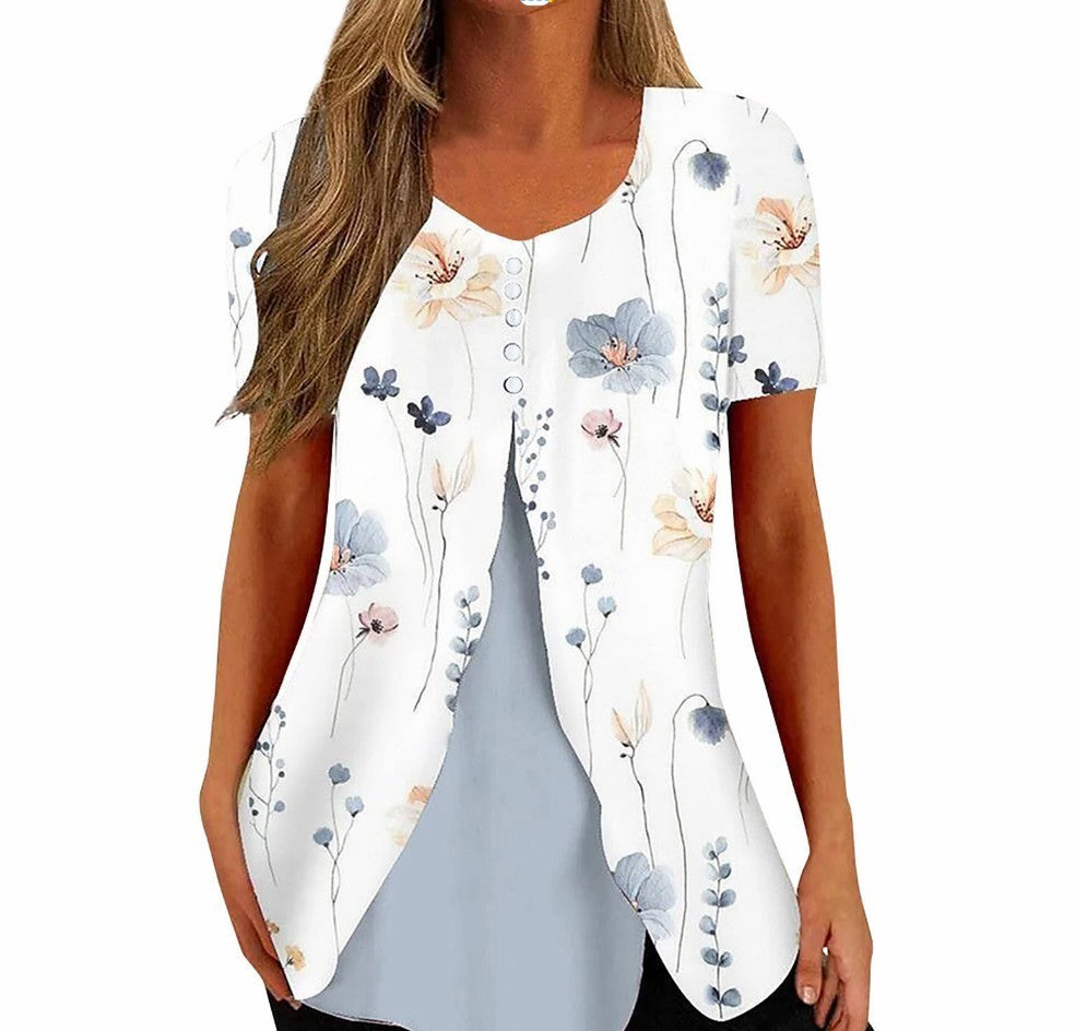 Fashion Printed Casual Short Sleeve Fake Two-piece T-shirts Women chicpolly