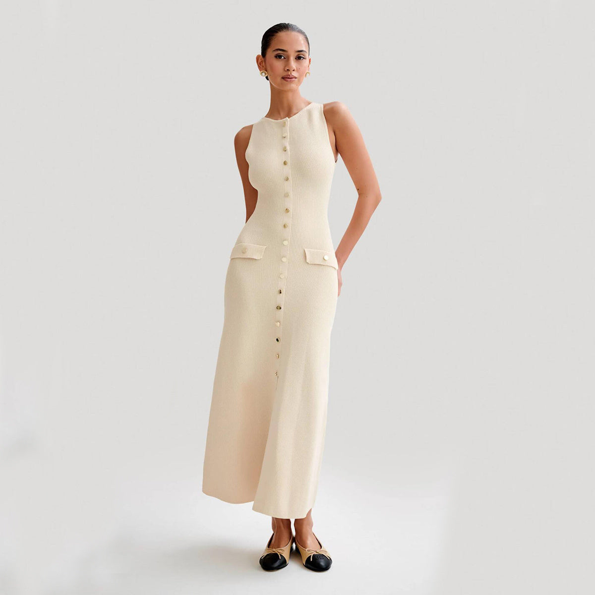 Elegant Knitted Sleeveless Dress With Single Breast Fashion Slim Round Neck Long Dresses Womens Clothing chicpolly