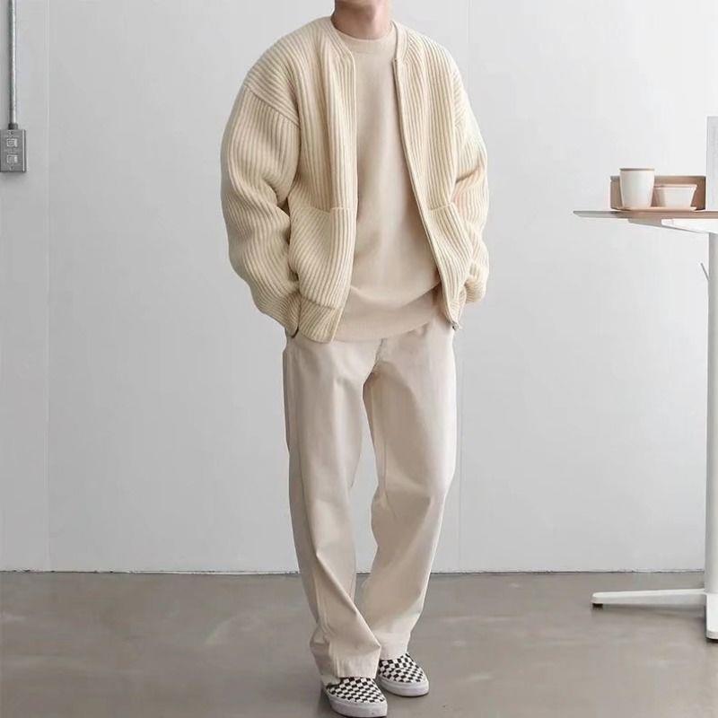 Men Zip Up Knitted Cardigan Lined Funnel Neck Jumper Sweater Pockets Coat All Seasons Comfortable Soft Long Sleeve chicpolly