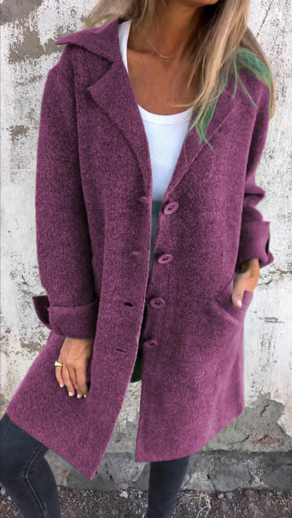 Lapel Single Breasted Cardigan With Pockets Fashion Color Solid Mid-Length Outwear Coat Womens Clothing chicpolly