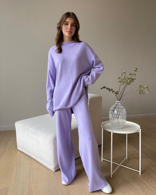 Long Sleeve Loose Casual Sweater Knit Top Trousers Set chicpolly