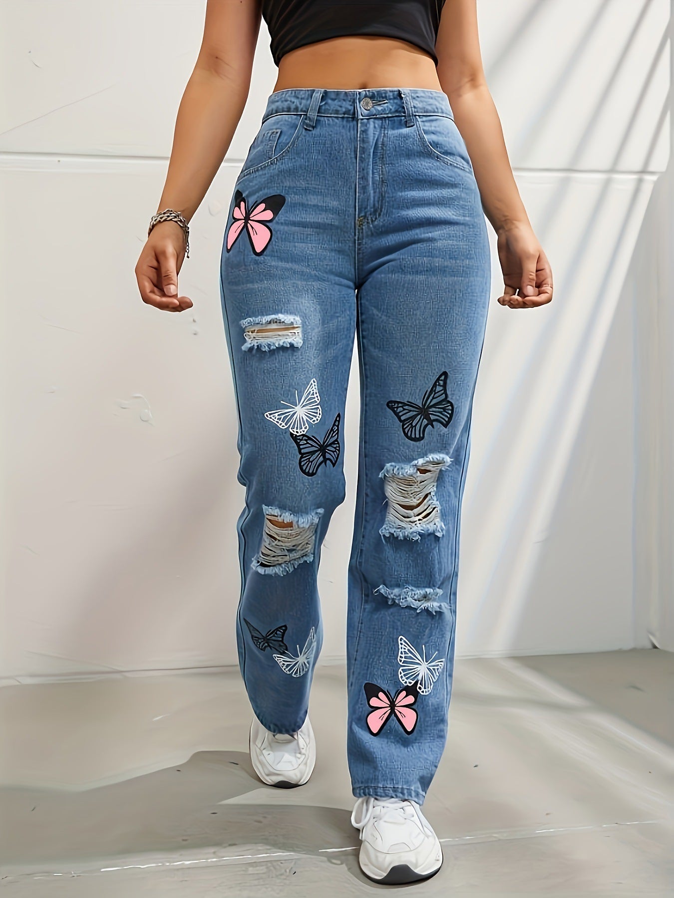 High Waisted Straight Leg Jeans For Women Trendy Butterfly Print Ripped Distressed Denim Pants chicpolly