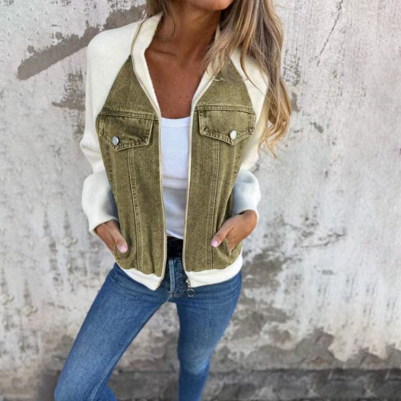 Fashion Denim Patchwork Jacket Casual Hooded Zipper Jacket Women's Clothing chicpolly