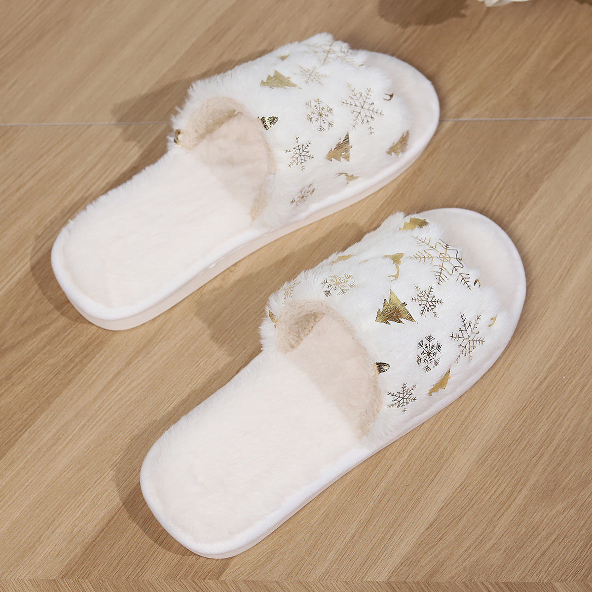 Christmas Plush Slippers Fashion Open-toed Home Slipper Indoor Warm Non-slip Floor Bedroom House Shoes For Couples Women Men chicpolly