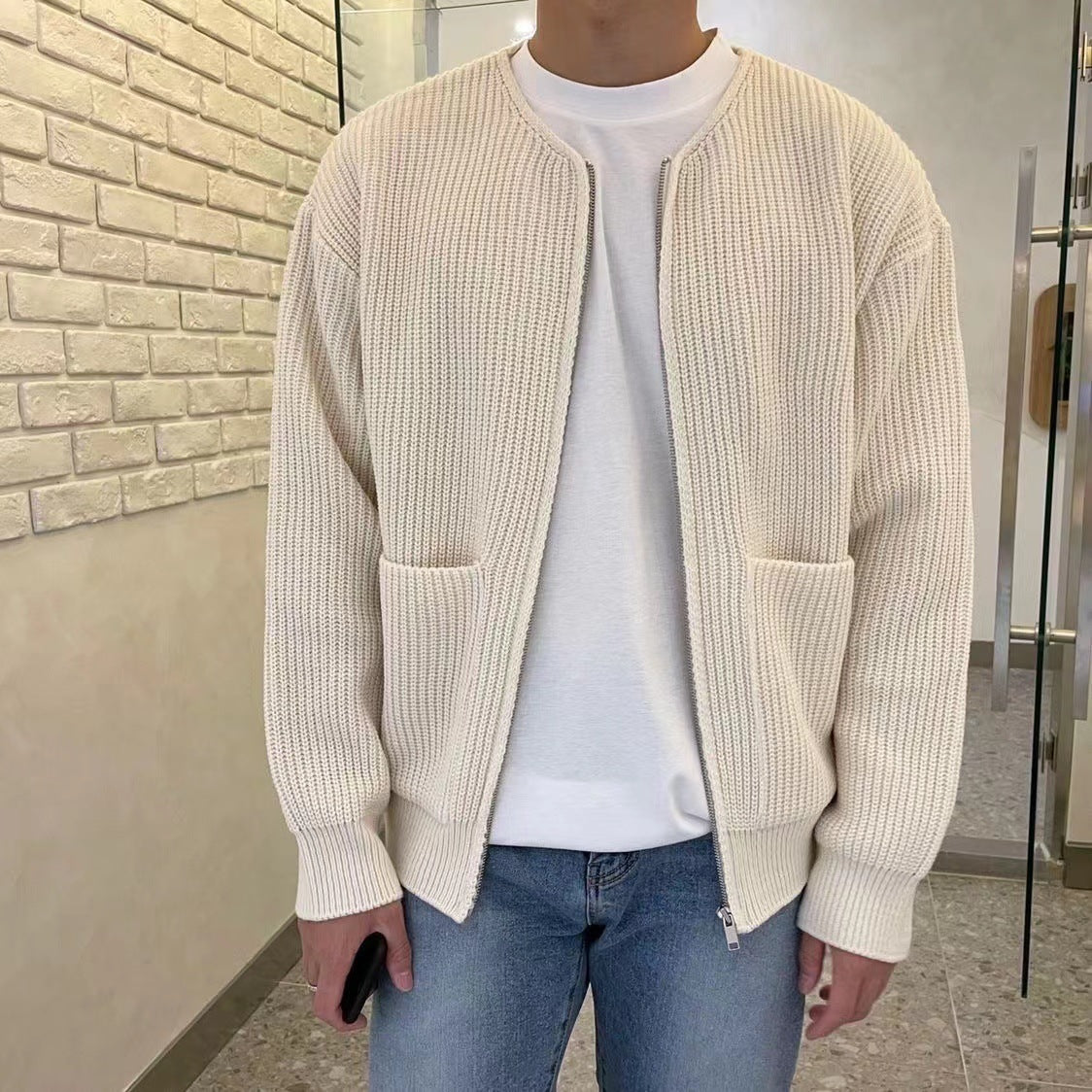 Men Zip Up Knitted Cardigan Lined Funnel Neck Jumper Sweater Pockets Coat All Seasons Comfortable Soft Long Sleeve chicpolly
