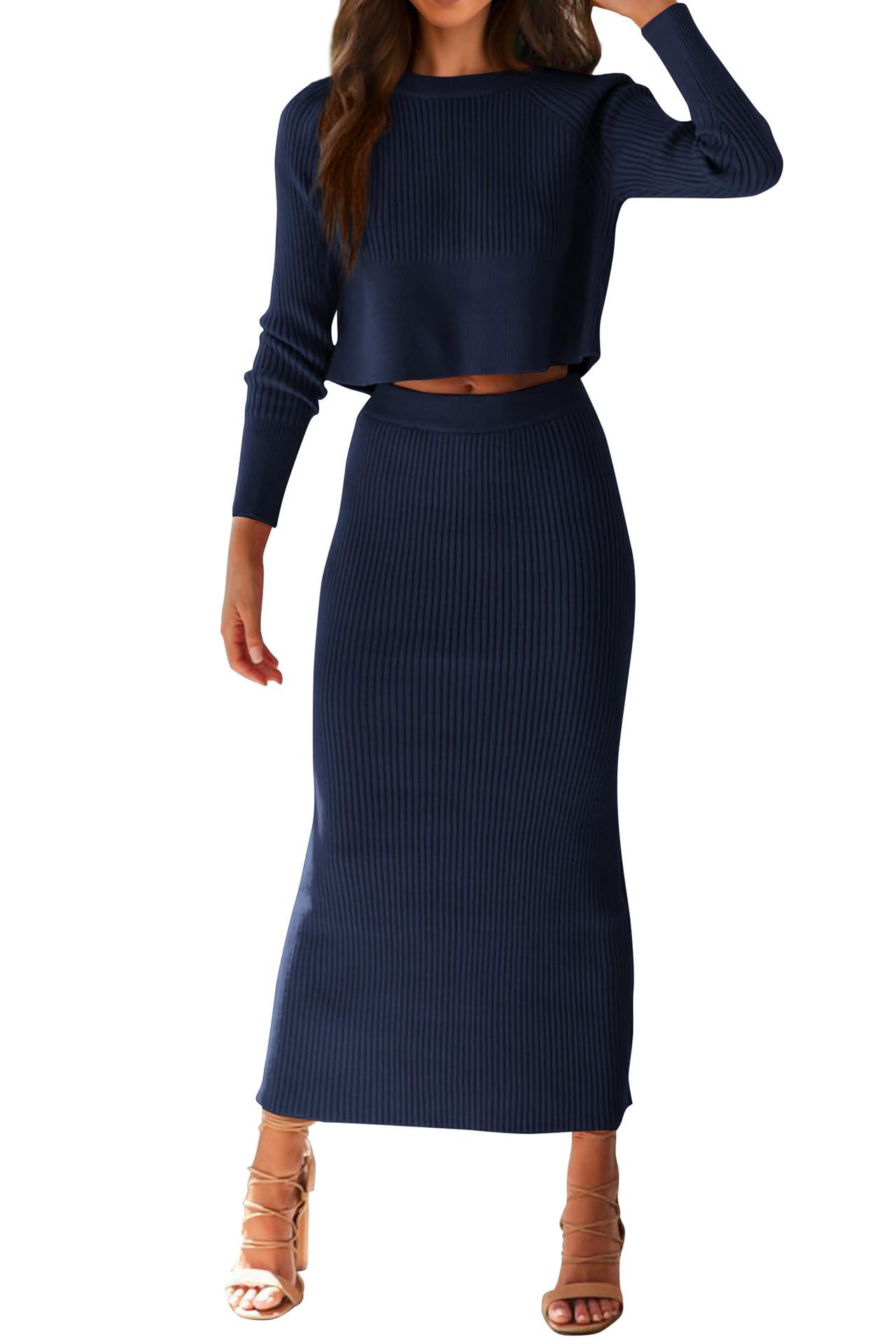 Bedford Cord Sweater Long Sleeve Narrow Tight Skirt Suit chicpolly