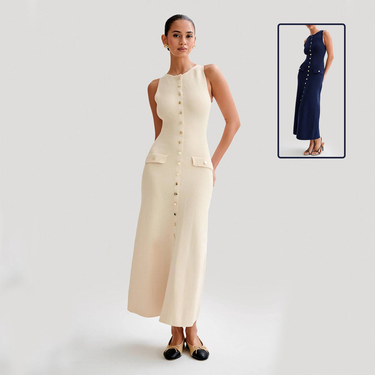 Elegant Knitted Sleeveless Dress With Single Breast Fashion Slim Round Neck Long Dresses Womens Clothing chicpolly