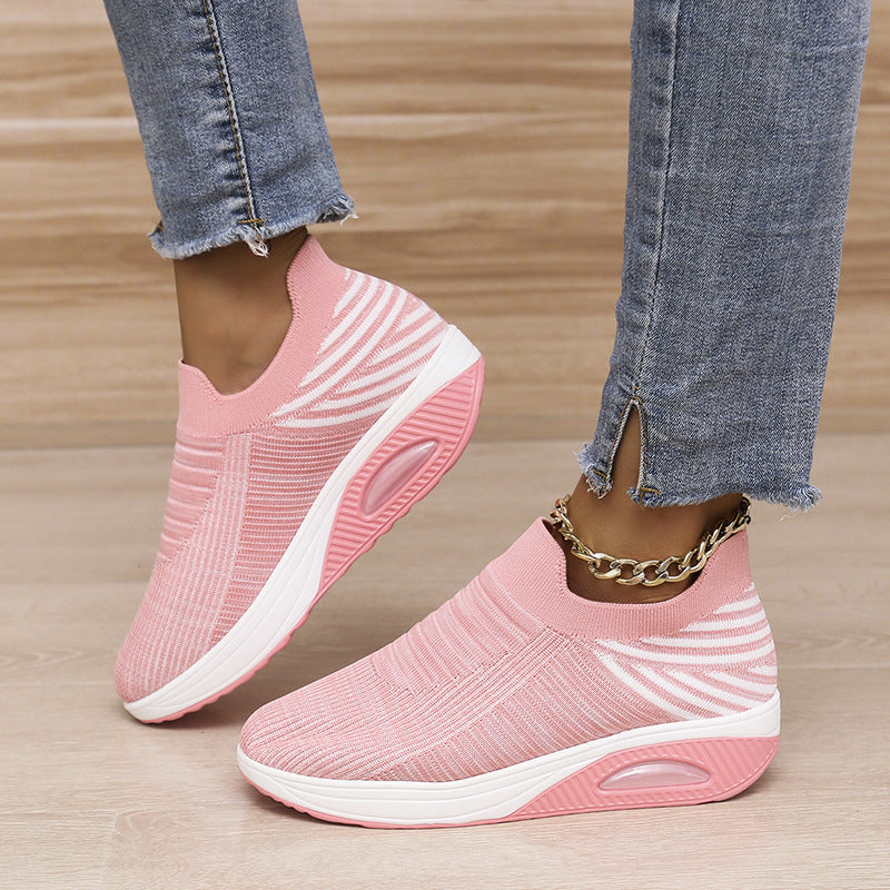New Stripe Design Mesh Shoes Fashion Slip On Air Cushion Shoes Breathable Round-toe Flats Women chicpolly