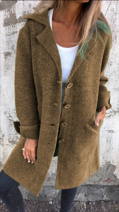 Lapel Single Breasted Cardigan With Pockets Fashion Color Solid Mid-Length Outwear Coat Womens Clothing chicpolly