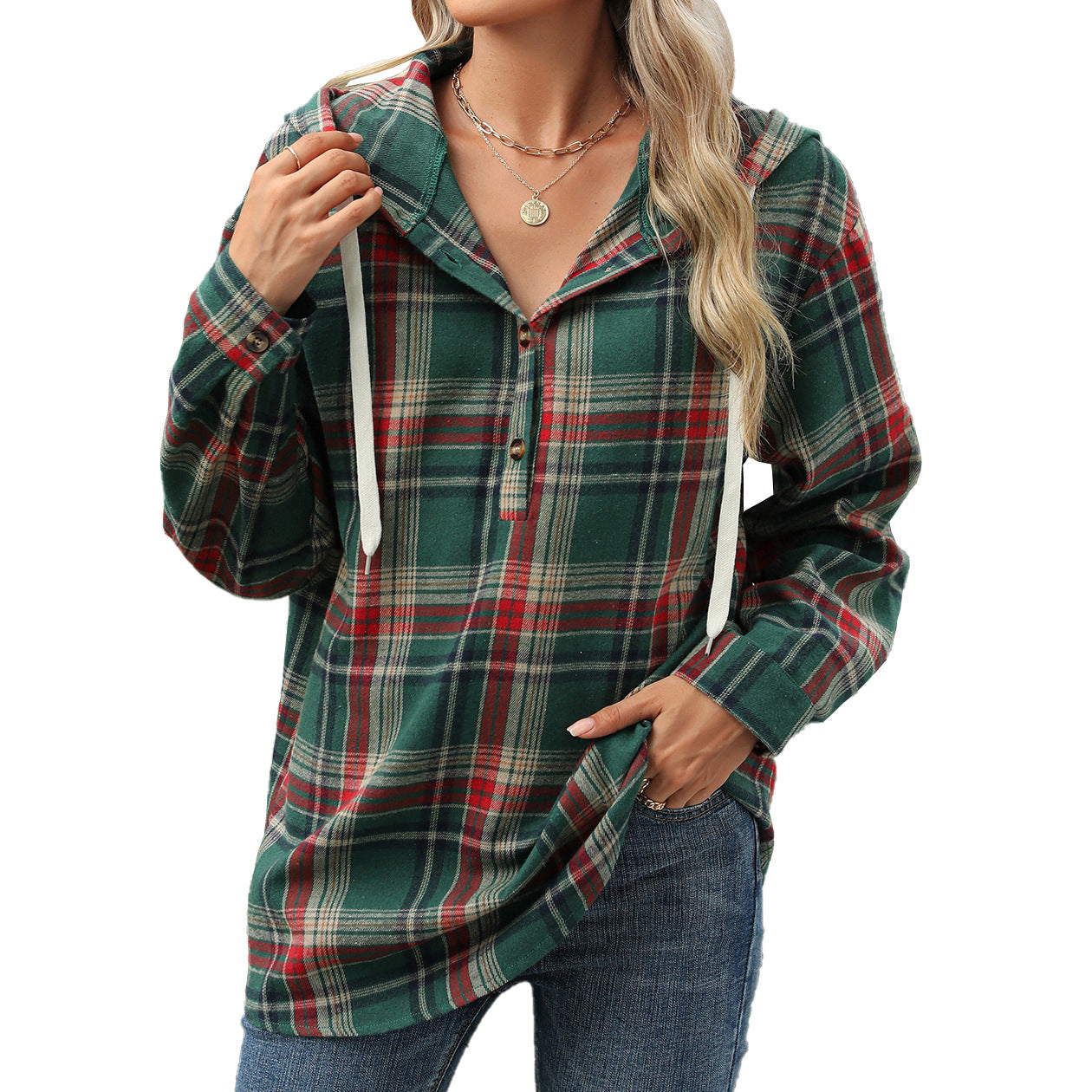 Fashion Plaid Hooded Sweatshirt With Button Loose Long Sleeve Hoodies chicpolly