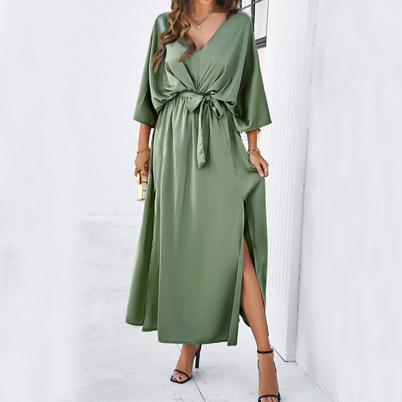 Fashion Bat Sleeve Long-sleeved V-neck Dress With Split Design Temperament Loose High Waist Lace-up Long Dresses Women Clothing chicpolly