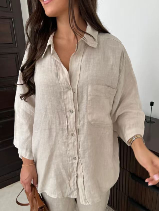 Casual Polyester Pocket Shirt Pants Suitable For Women's Wide Leg Pants, Long Sleeved Shirt Set, Women's Loose High Street Two-piece Set chicpolly