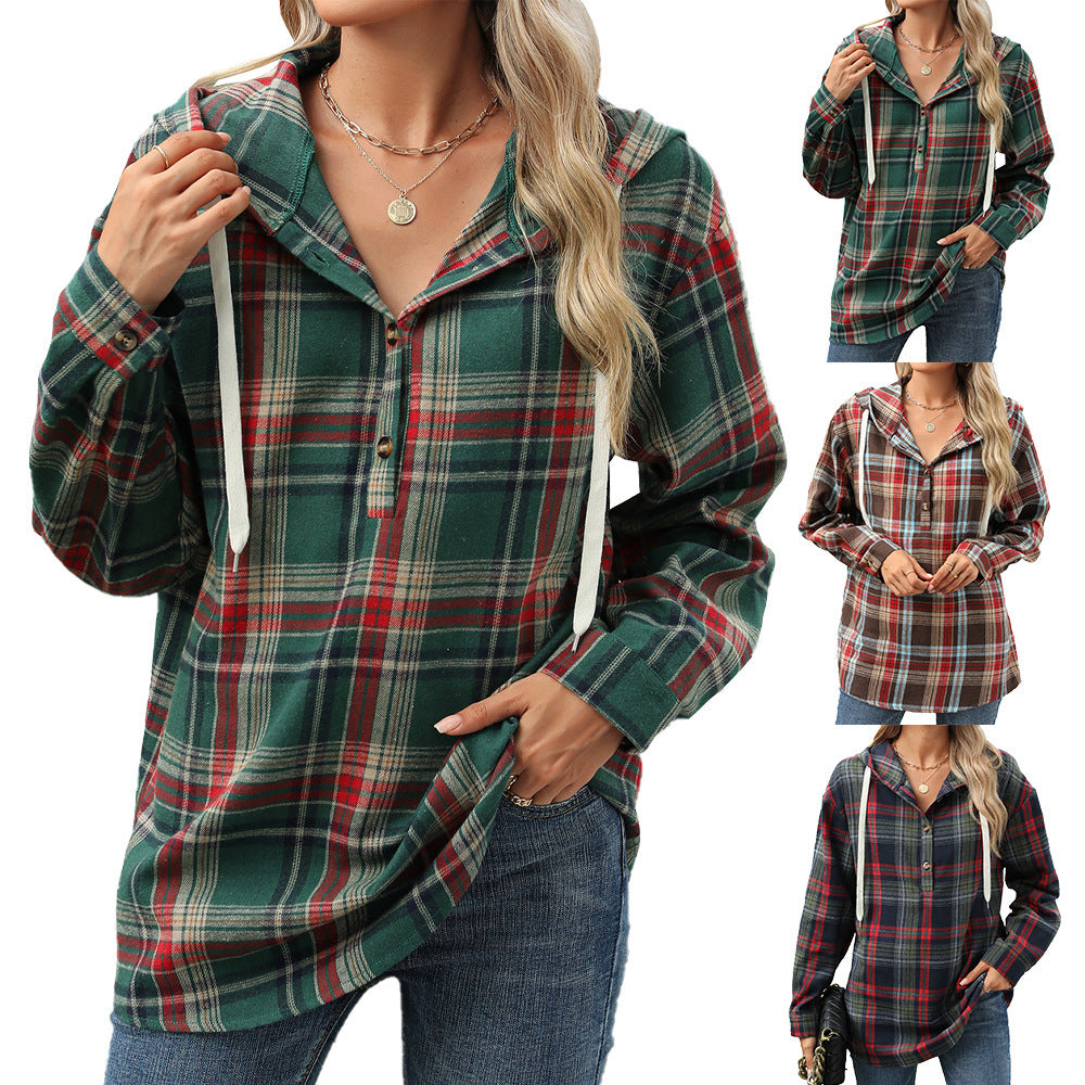 Fashion Plaid Hooded Sweatshirt With Button Loose Long Sleeve Hoodies chicpolly