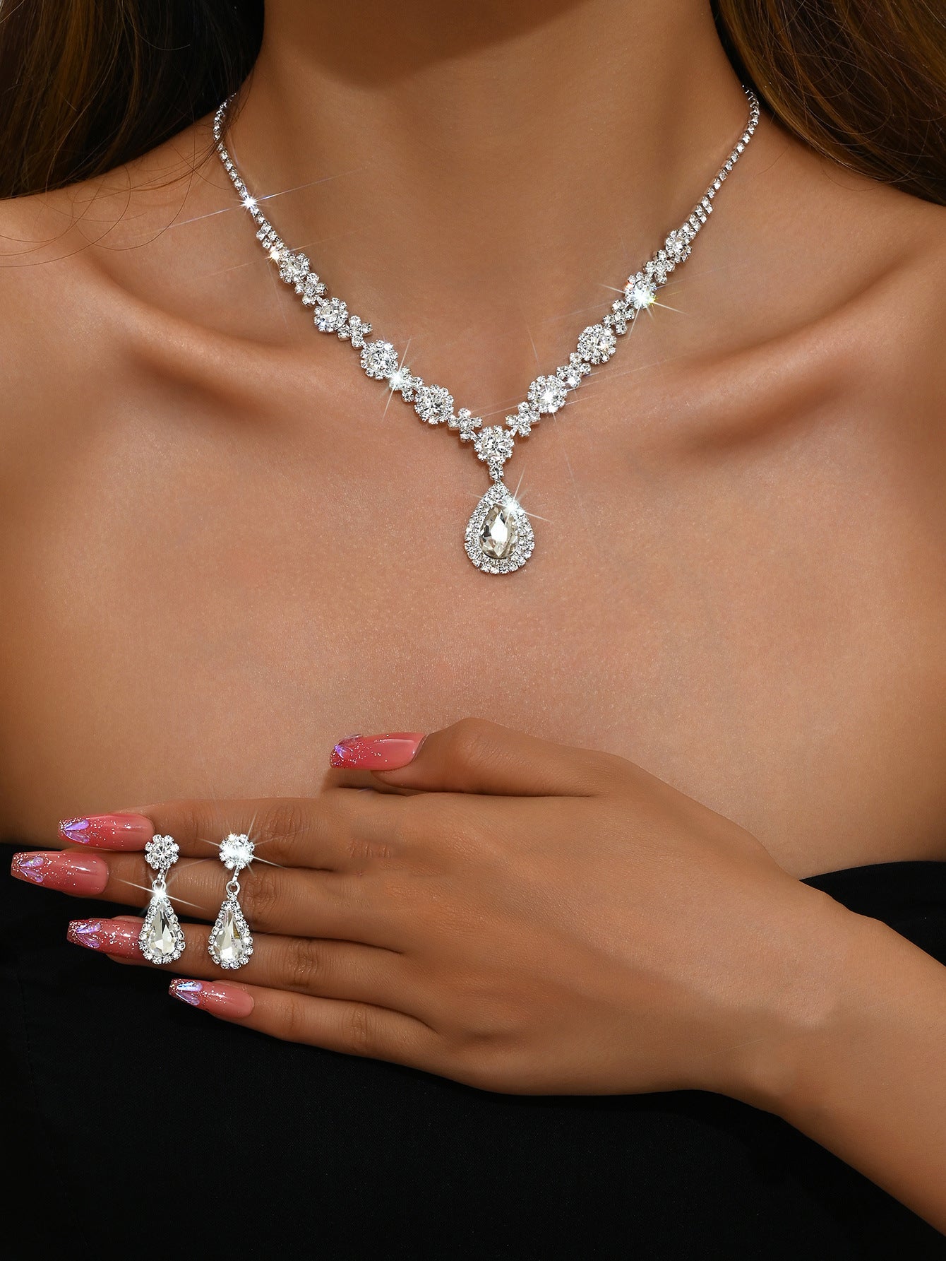 New Water Drop Necklace And Earrings Suite chicpolly