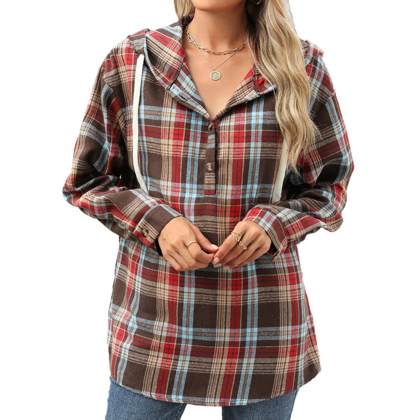 Fashion Plaid Hooded Sweatshirt With Button Loose Long Sleeve Hoodies chicpolly