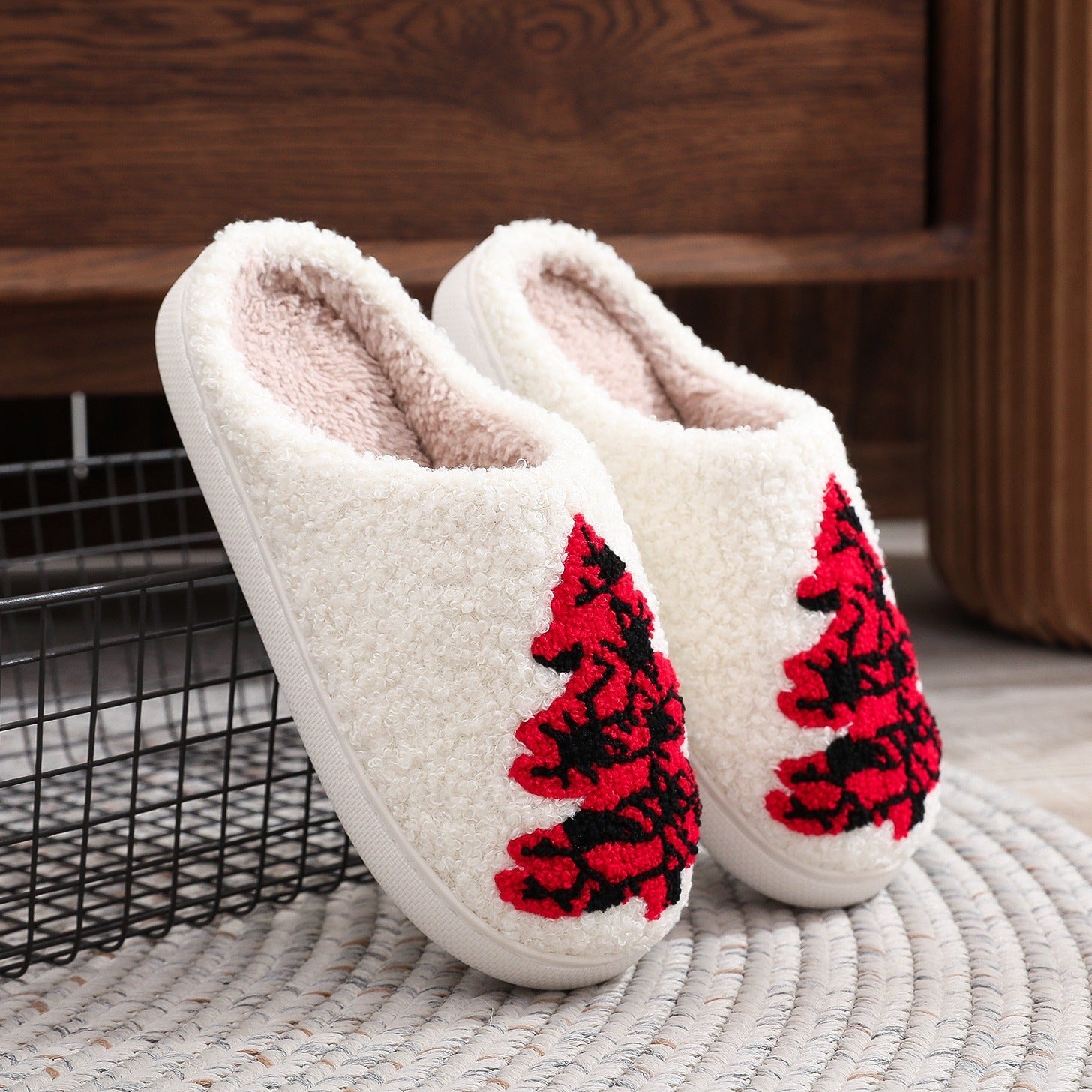 Christmas Tree Home Fuzzy Slippers For Women chicpolly