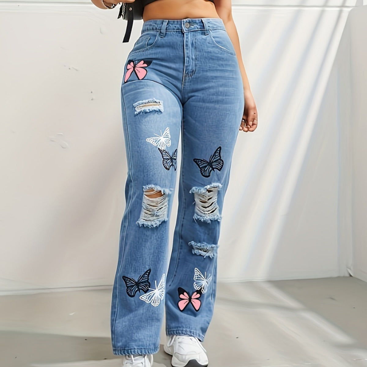 High Waisted Straight Leg Jeans For Women Trendy Butterfly Print Ripped Distressed Denim Pants chicpolly