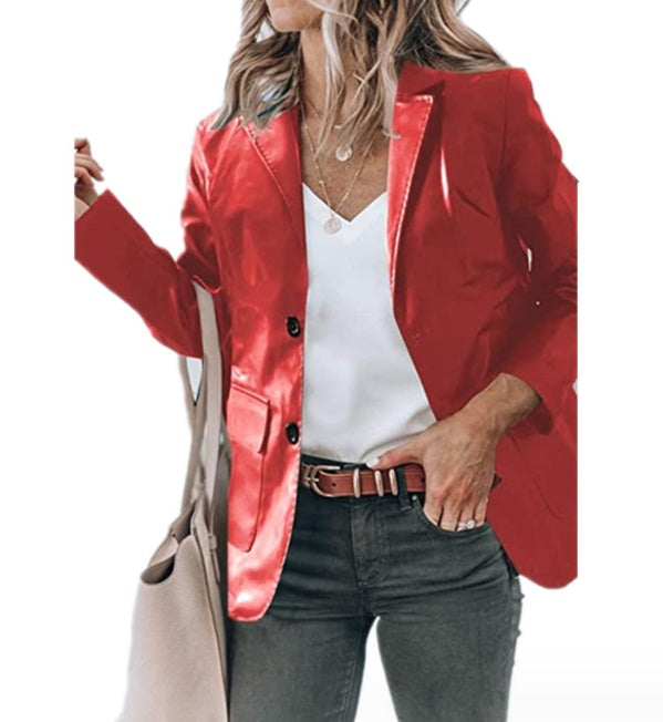 Lapel Single Breasted Solid Color PU Leather Women's Coat chicpolly