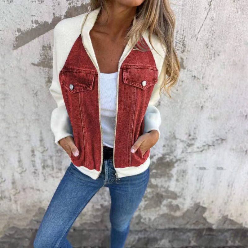 Fashion Denim Patchwork Jacket Casual Hooded Zipper Jacket Women's Clothing chicpolly