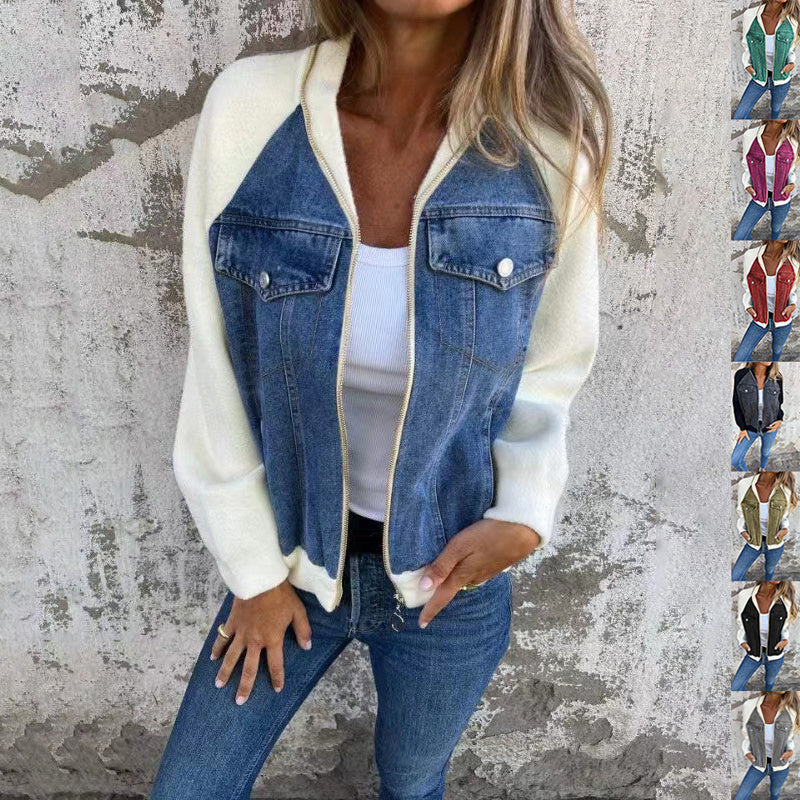Fashion Denim Patchwork Jacket Casual Hooded Zipper Jacket Women's Clothing chicpolly