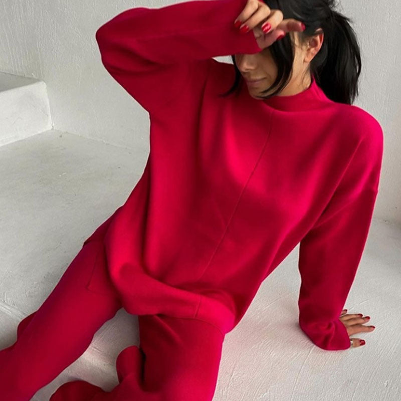 Long Sleeve Loose Casual Sweater Knit Top Trousers Set chicpolly