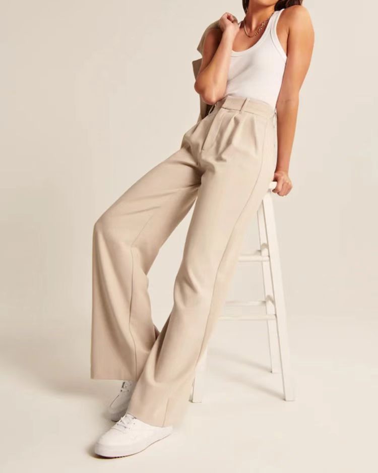 High Waist Straight Trousers With Pockets Wide Leg Casual Pants For Women chicpolly