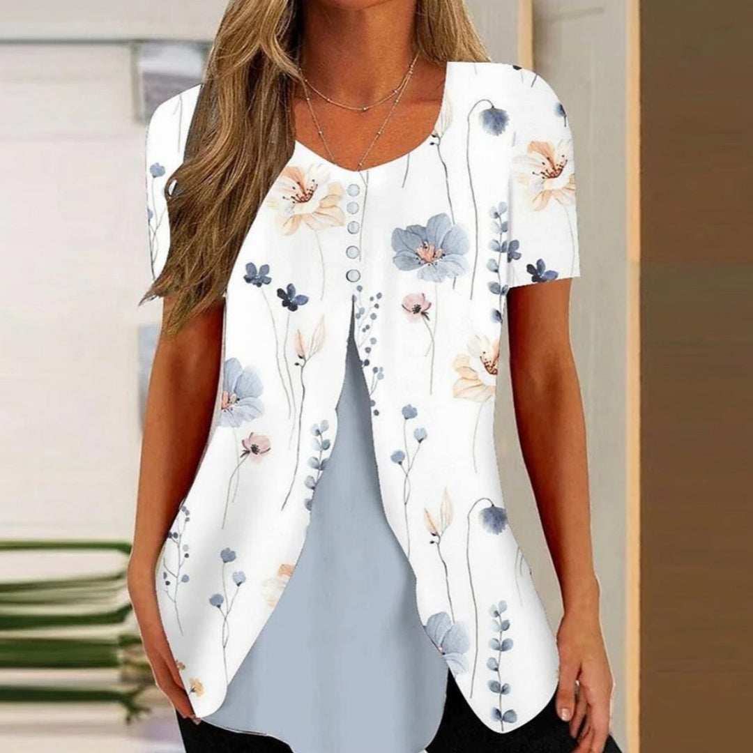 Fashion Printed Casual Short Sleeve Fake Two-piece T-shirts Women chicpolly