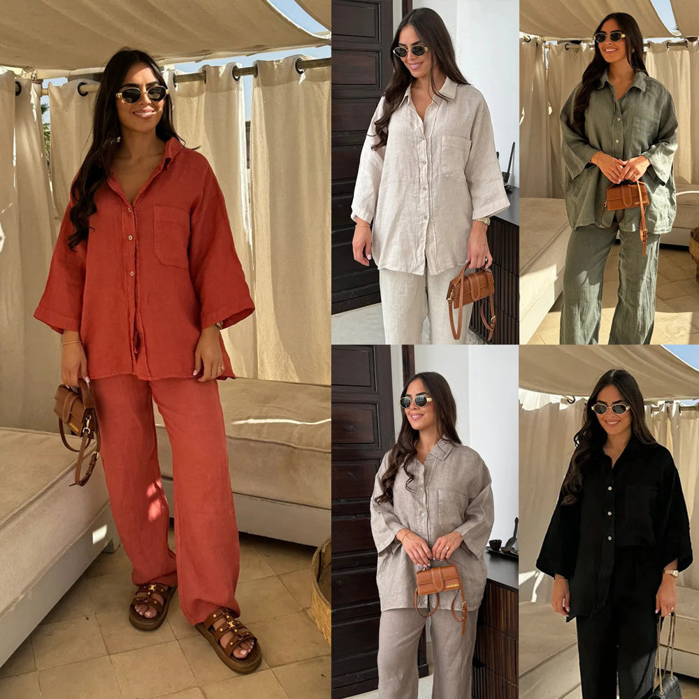 Casual Polyester Pocket Shirt Pants Suitable For Women's Wide Leg Pants, Long Sleeved Shirt Set, Women's Loose High Street Two-piece Set chicpolly